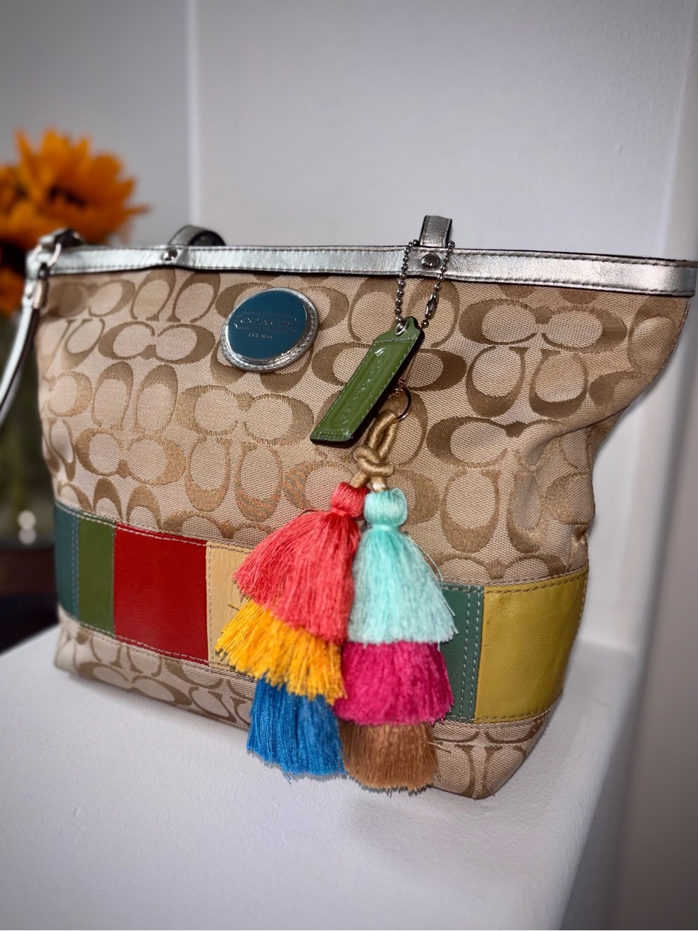 Coach Signature Stripe Tote Bag Khaki Multi Canvas Colorblock Tote Boho Chic - Picture 3 of 11